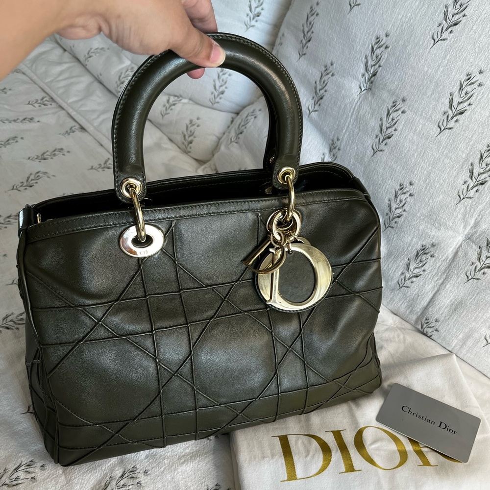 Dior Dark Olive Green Cannage Leather Granville Polochon Satchel